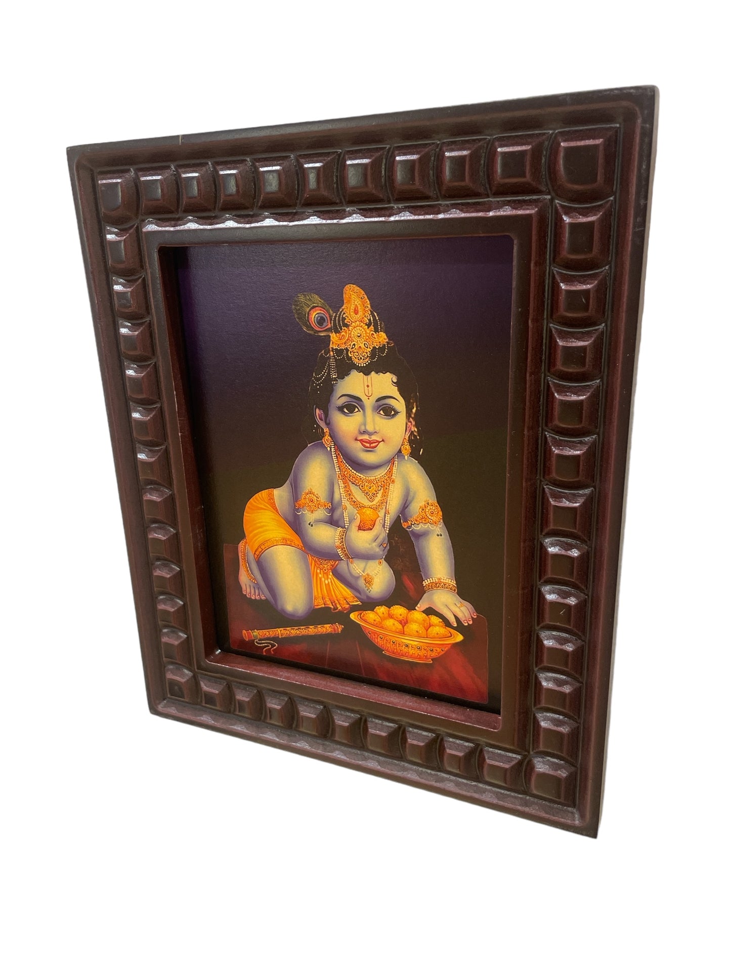 Krishna: Gold Leafed Art Baby Krishna with wooden frame