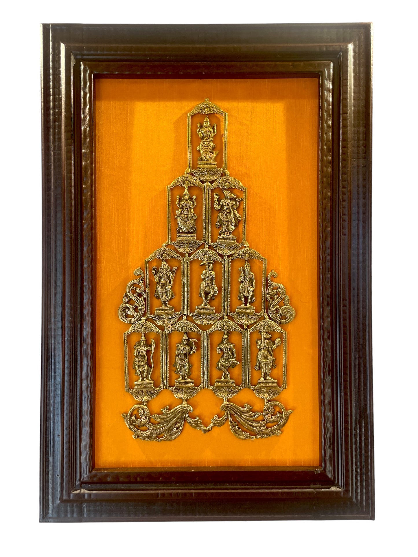 Brass Dasavathaaram in Yellow Silk Backdrop with Moulded Frame