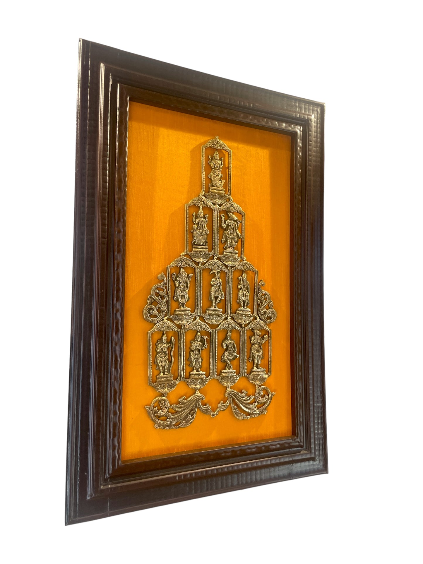 Brass Dasavathaaram in Yellow Silk Backdrop with Moulded Frame