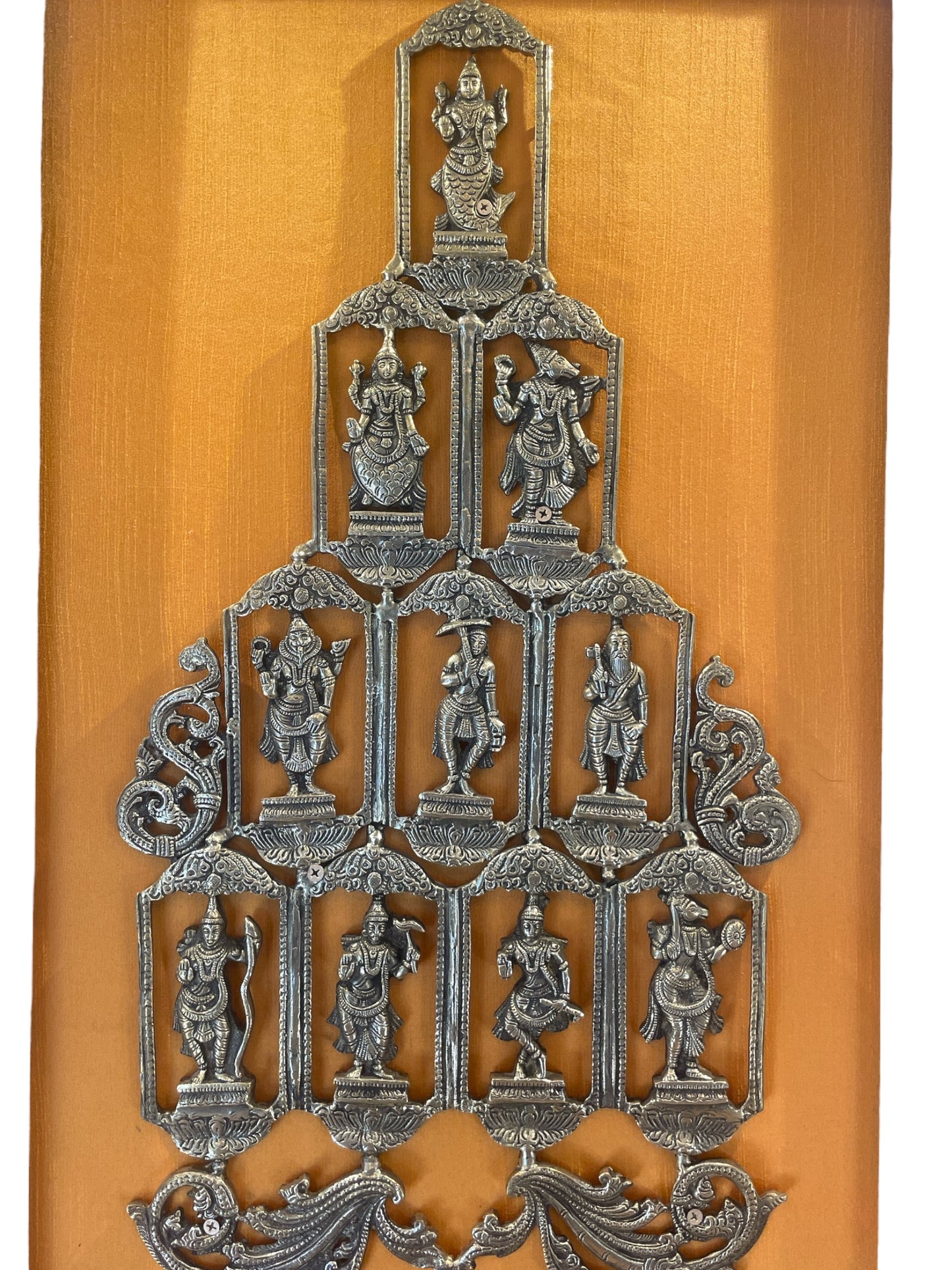 Brass Dasavathaaram in Yellow Silk Backdrop with Moulded Frame