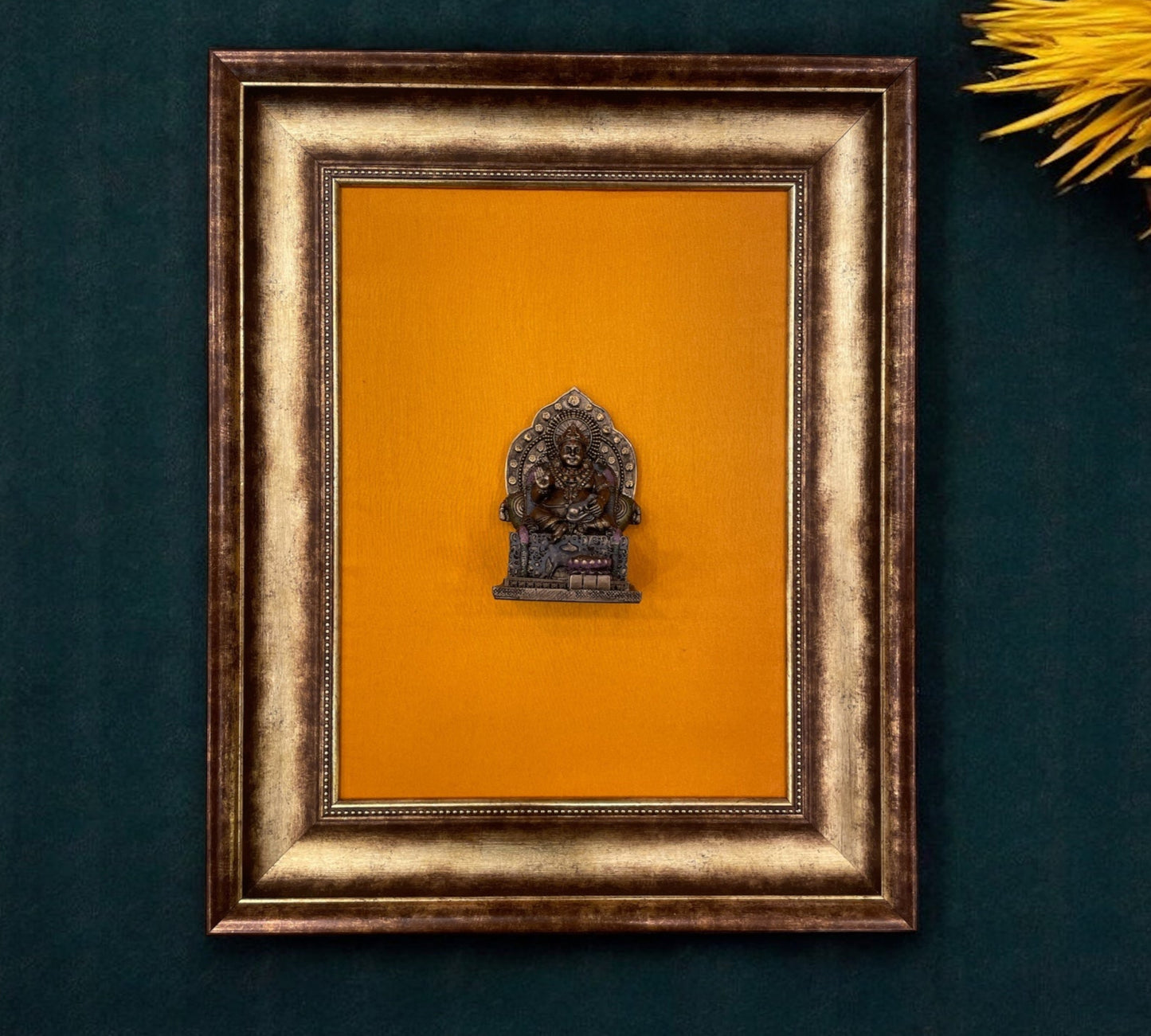 Kubera Murti Idol in Yellow silk Backdrop With Moulded Frame