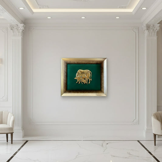 Brass Kamadhenu and Calf with Rama green cushion in Moulded Frame
