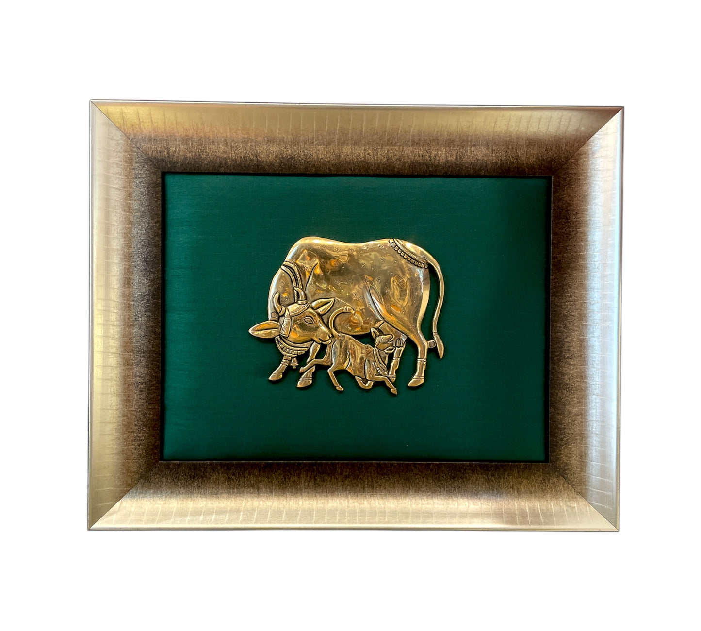 Brass Kamadhenu and Calf with Rama green cushion in Moulded Frame