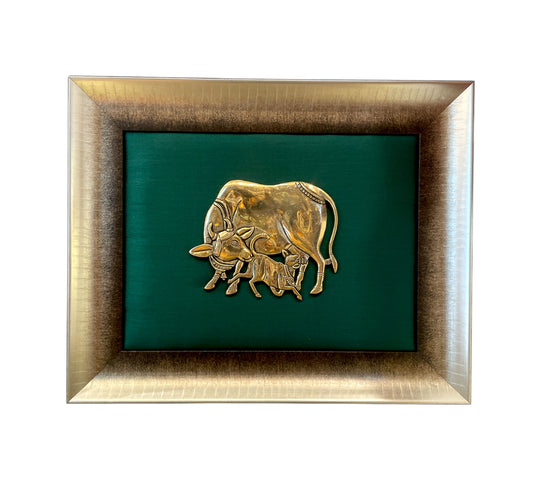 Brass Kamadhenu and Calf with Rama green cushion in Moulded Frame