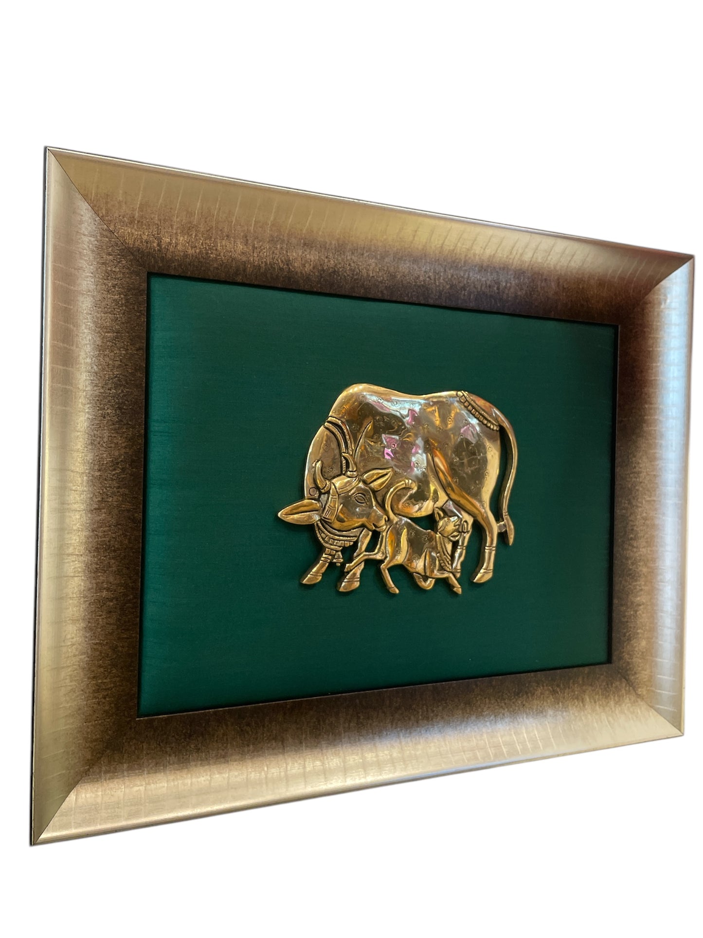 Brass Kamadhenu and Calf with Rama green cushion in Moulded Frame