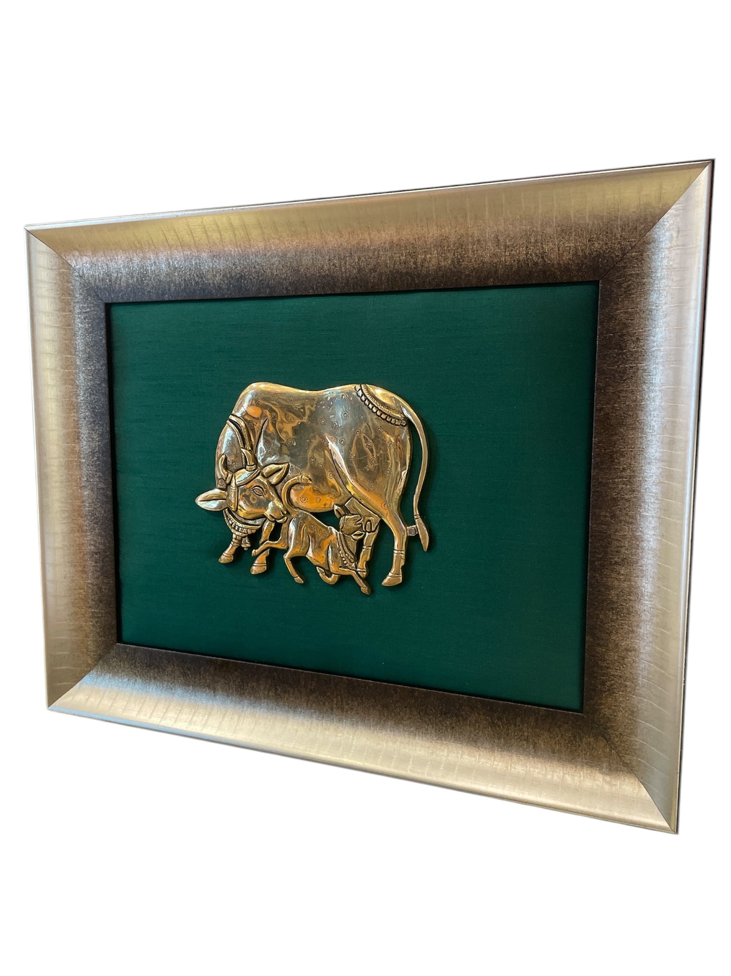 Brass Kamadhenu and Calf with Rama green cushion in Moulded Frame