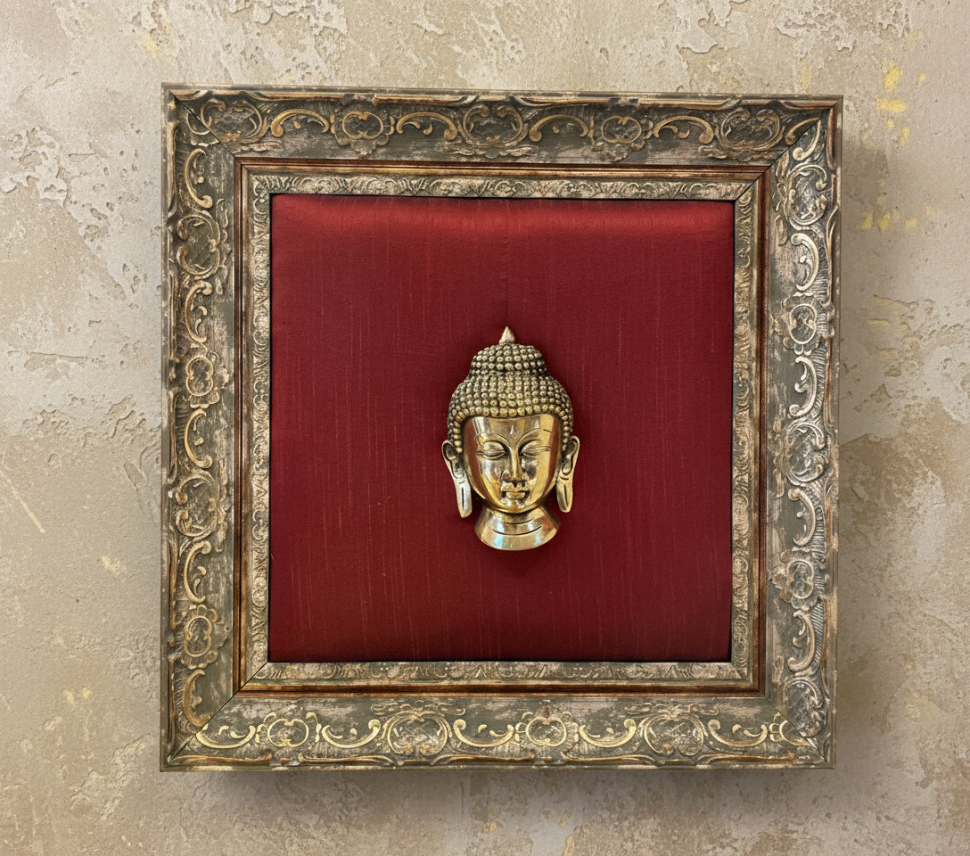 Brass Buddha with Red cushion in Moulded frame