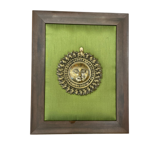 Brass Sun with Green Cushion in Brown Frame