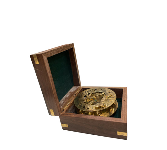 Brass Sundial compass with wooden box