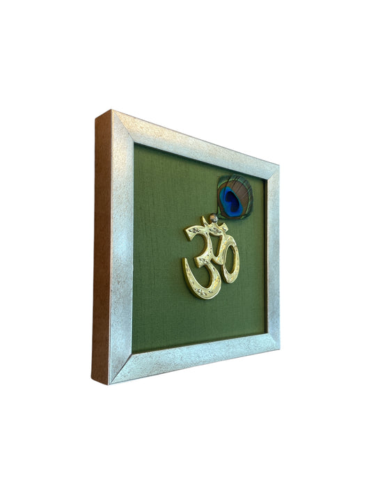 Brass Om with Peacock Feather & Green silk in antique golf Frame