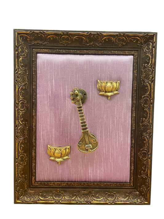 Brass Veena & Lotus With Lavender Backdrop in Moulded Frame