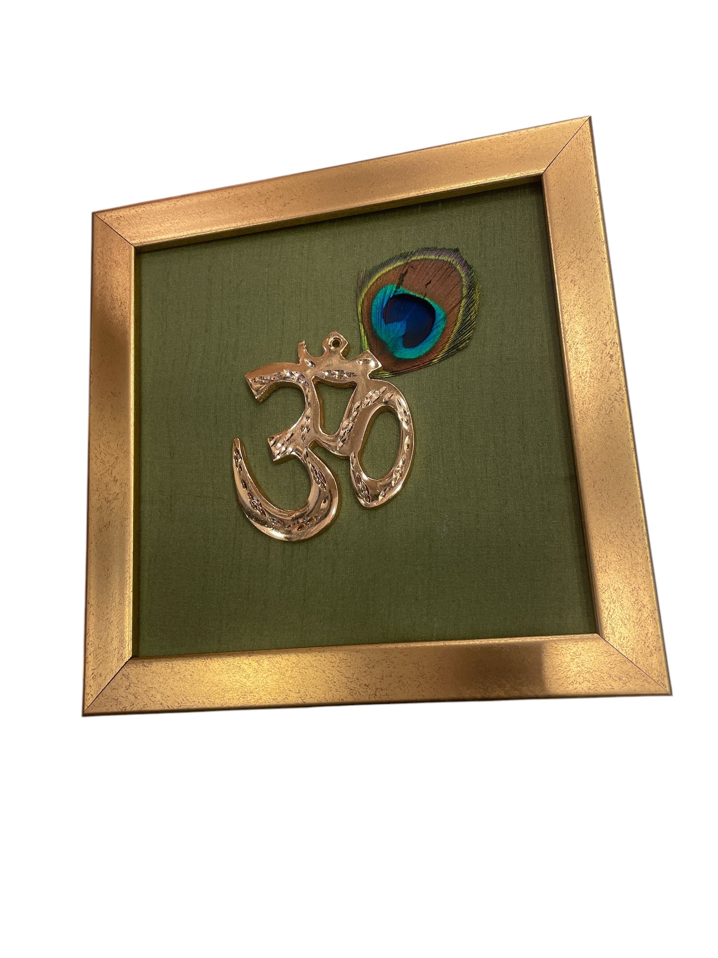 Brass Om with peacock feather & Green silk in Gold frame