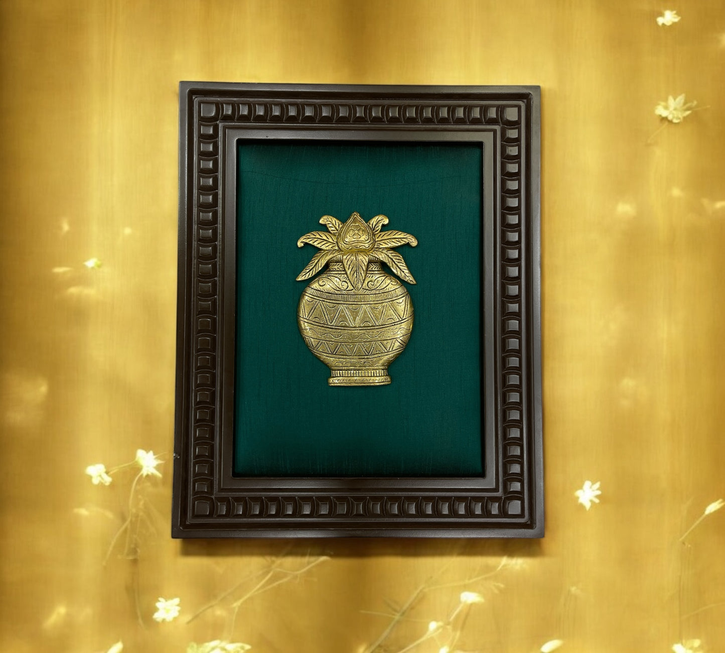 Brass Kalash with Green silk in wooden Frame