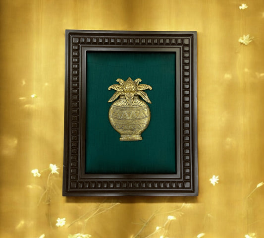 Brass Kalash with Green silk in wooden Frame