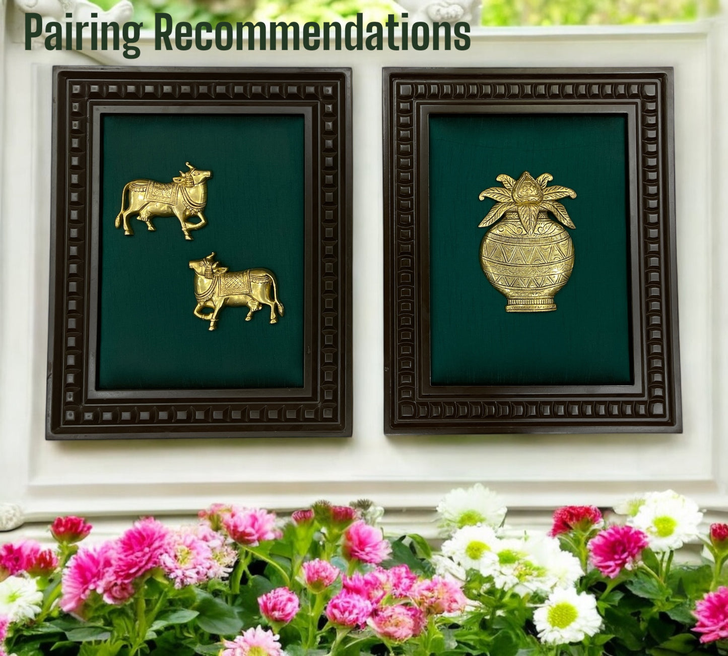 Brass Kalash with Green silk in wooden Frame
