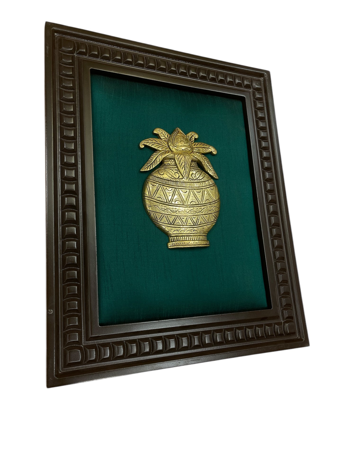 Brass Kalash with Green silk in wooden Frame
