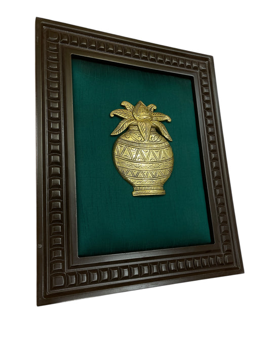 Brass Kalash with Green silk in wooden Frame
