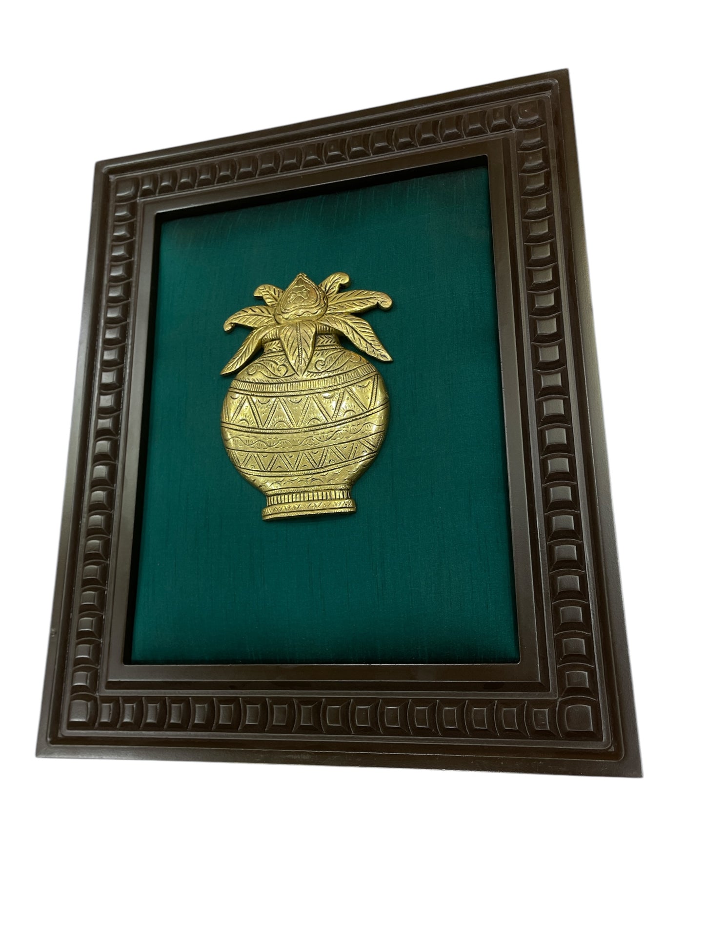 Brass Kalash with Green silk in wooden Frame