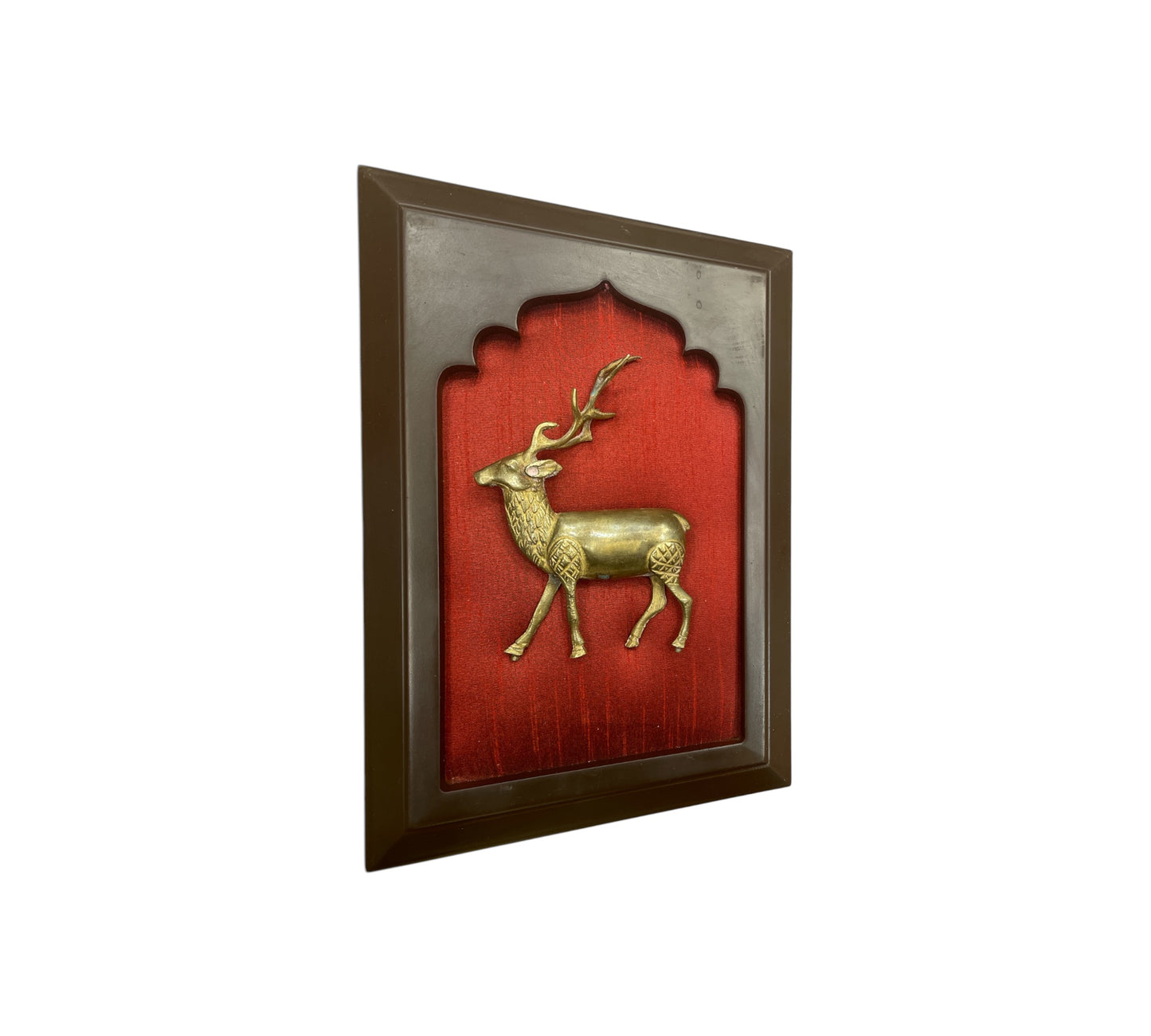 Brass Deer with Wine red silk in wooden frame