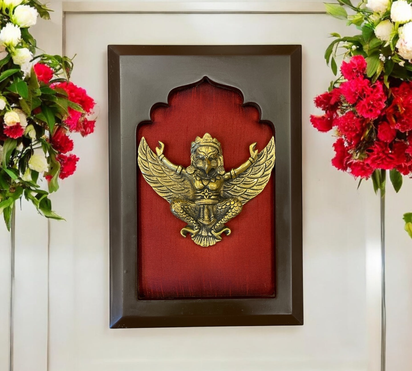Brass Garuda with Wine red silk in wooden frame