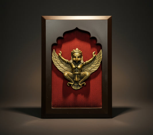Brass Garuda with Wine red silk in wooden frame
