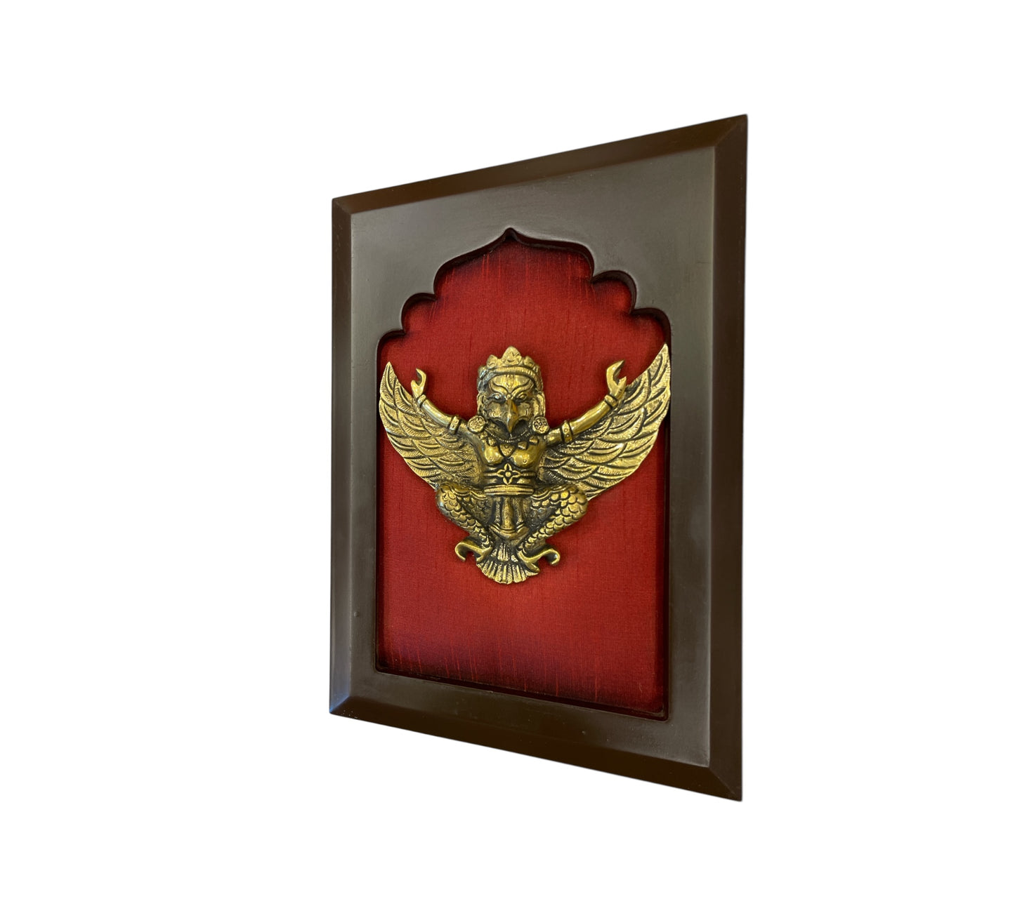 Brass Garuda with Wine red silk in wooden frame