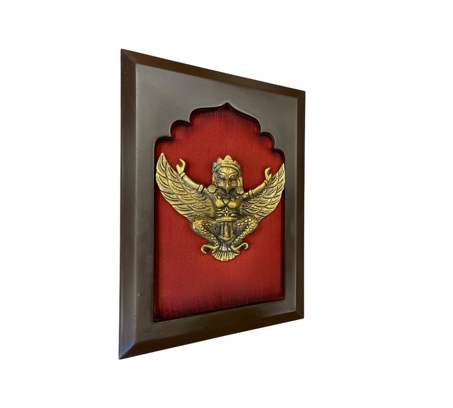 Brass Garuda with Wine red silk in wooden frame