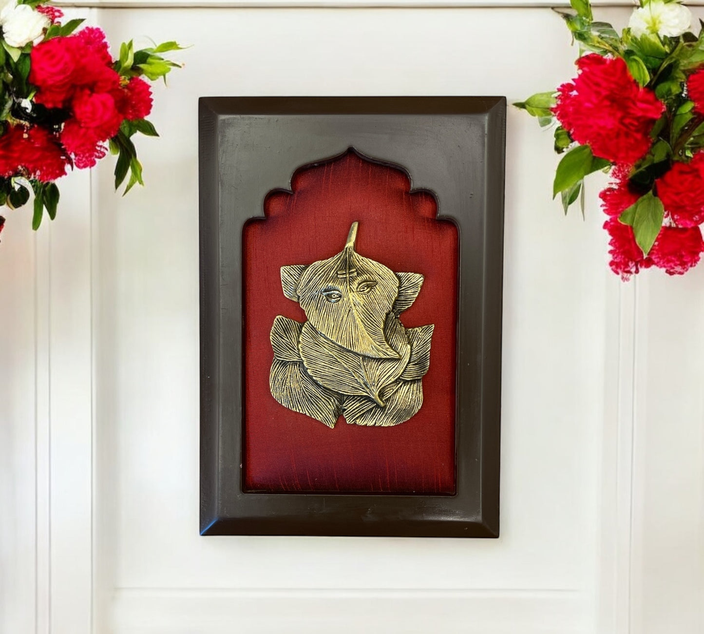 Brass Ganesha with Wine red silk in wooden Frame