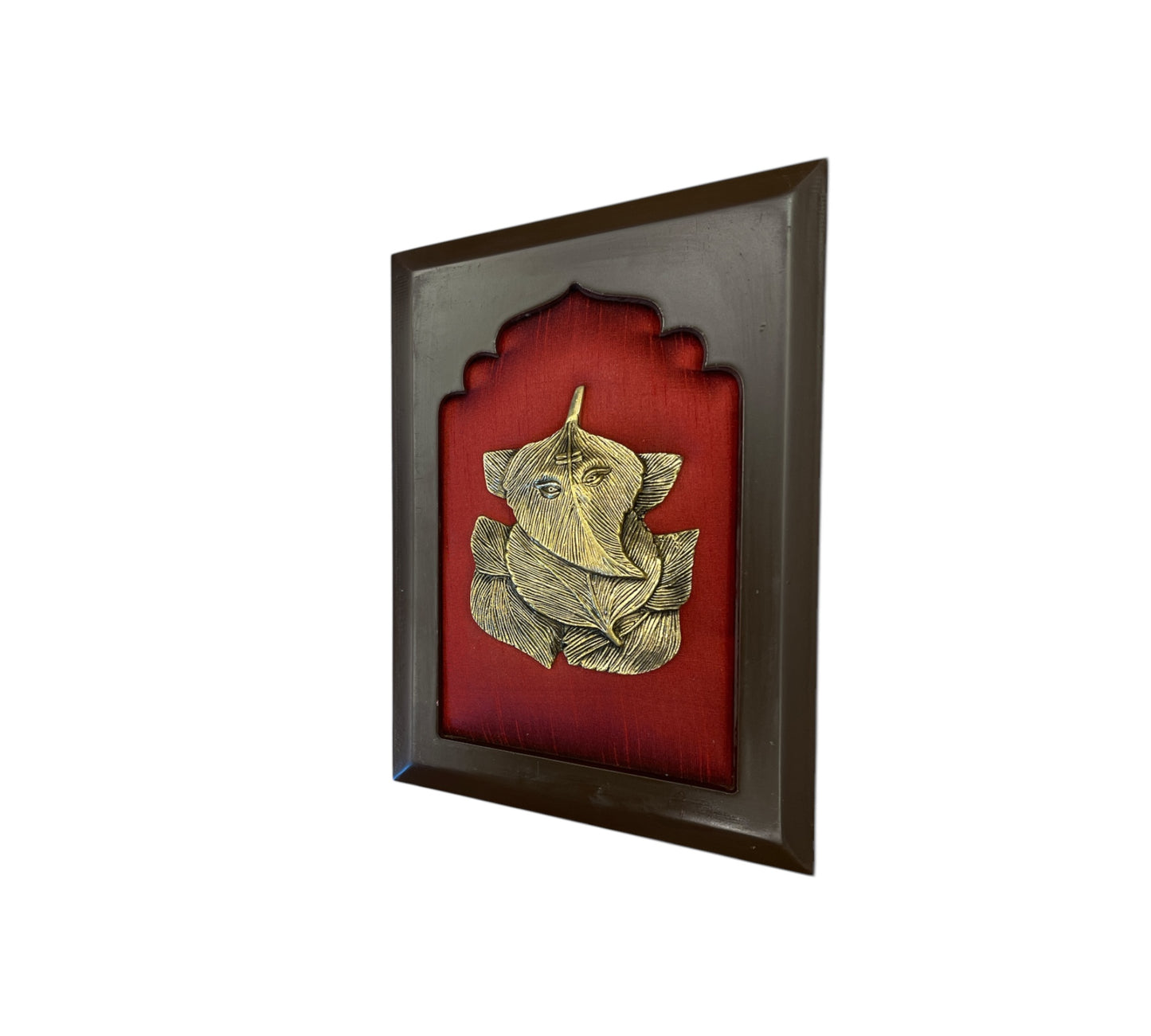 Brass Ganesha with Wine red silk in wooden Frame