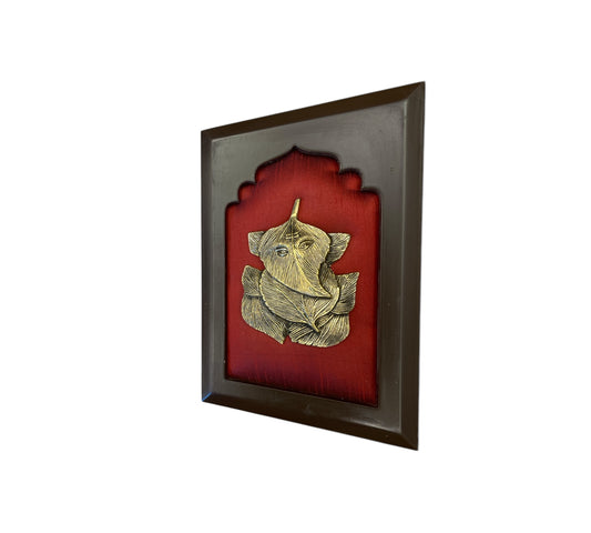 Brass Ganesha with Wine red silk in wooden Frame
