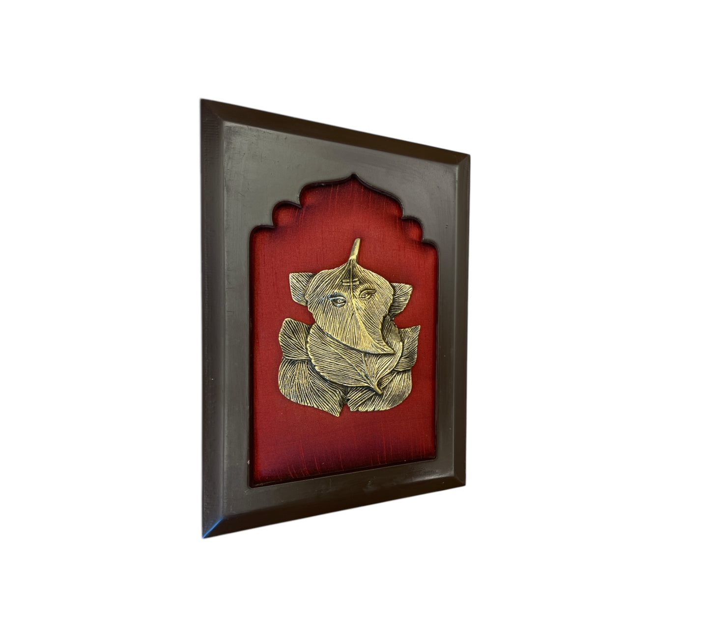 Brass Ganesha with Wine red silk in wooden Frame