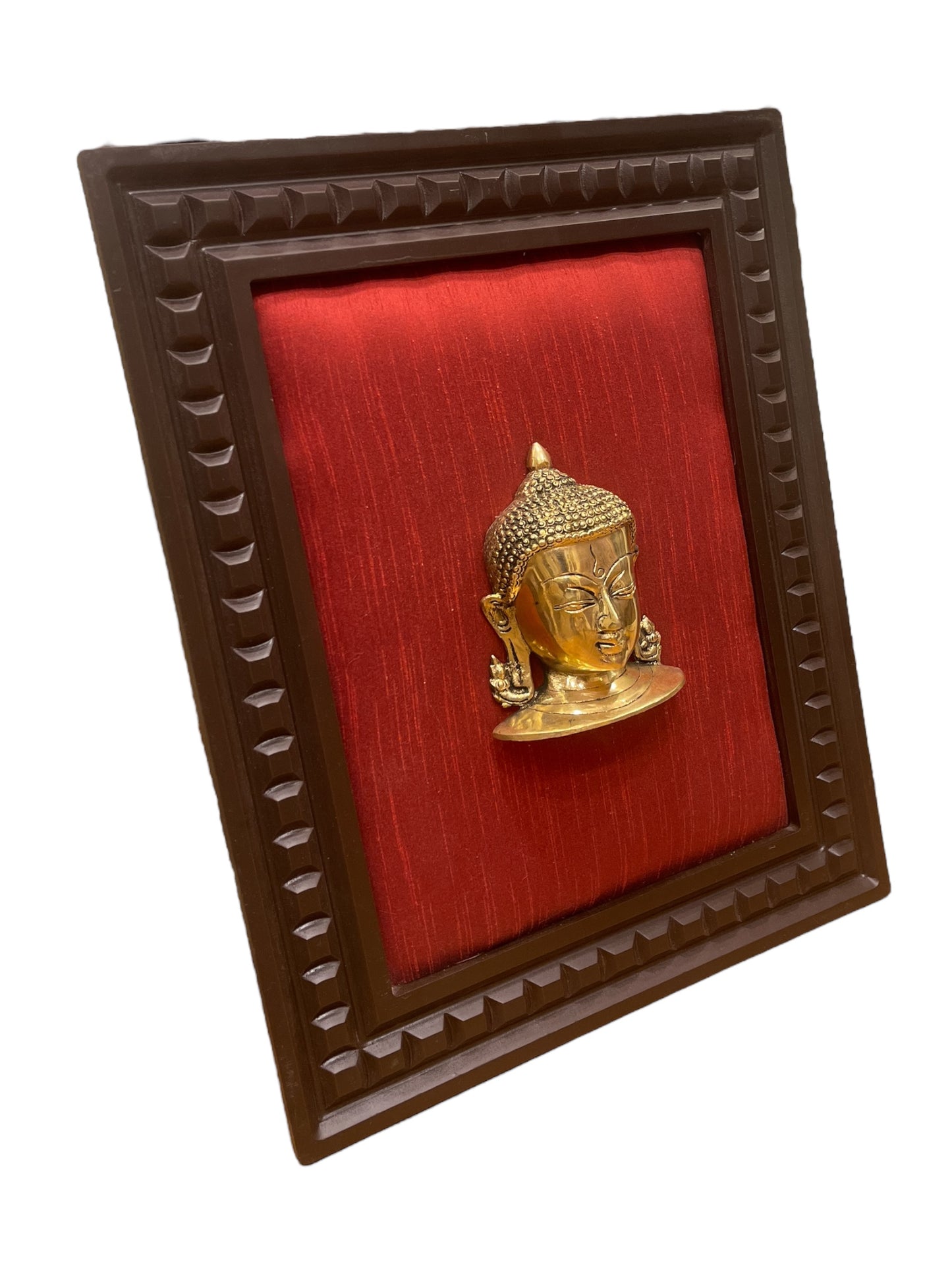 Brass Buddha with wine red silk in wooden frame