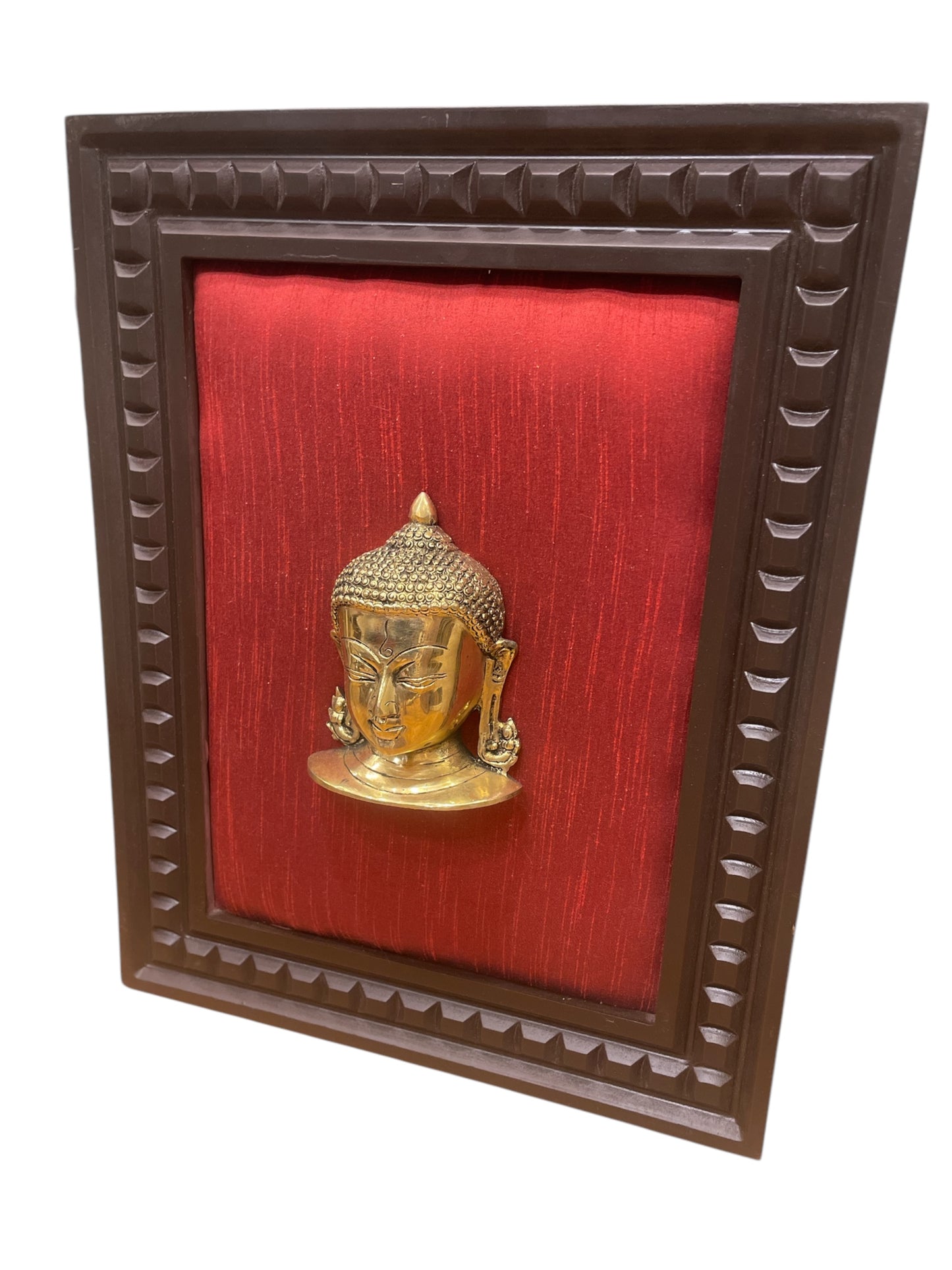 Brass Buddha with wine red silk in wooden frame