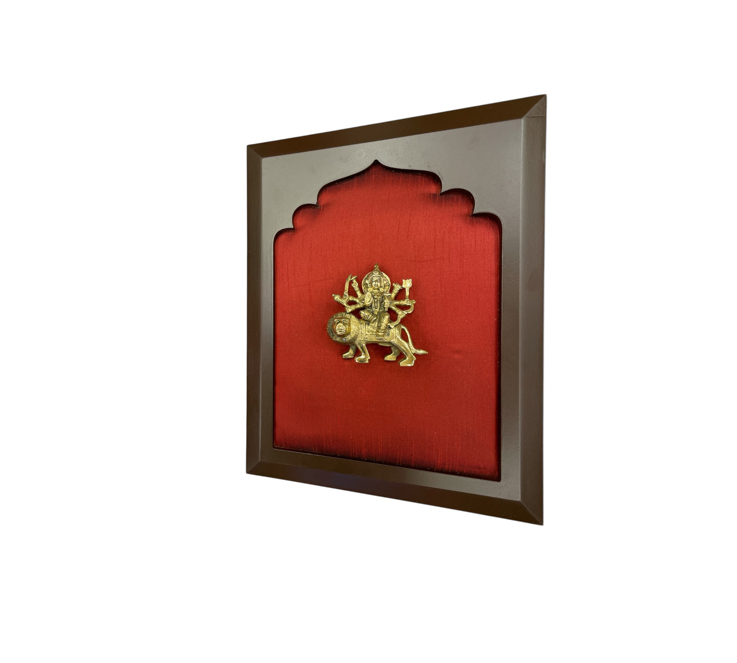 Brass Durga with Wine Red Silk in Wooden Frame
