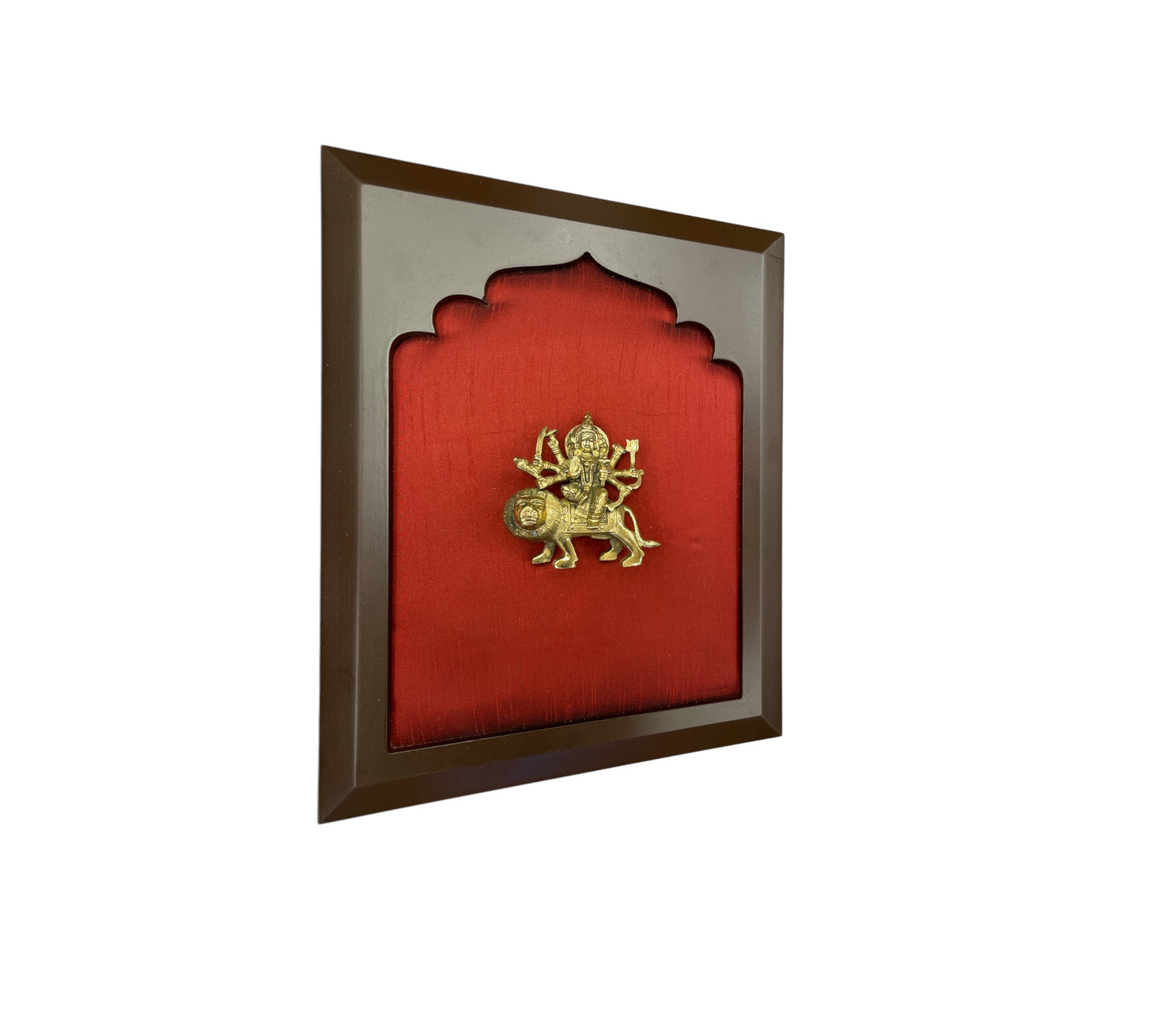 Brass Durga with Wine Red Silk in Wooden Frame
