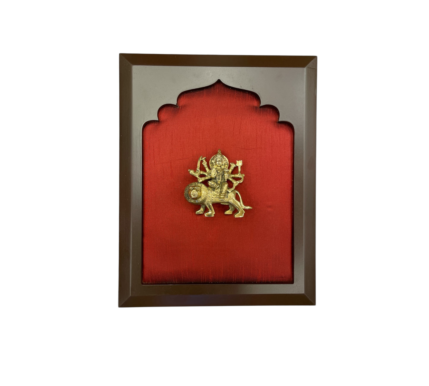 Brass Durga with Wine Red Silk in Wooden Frame