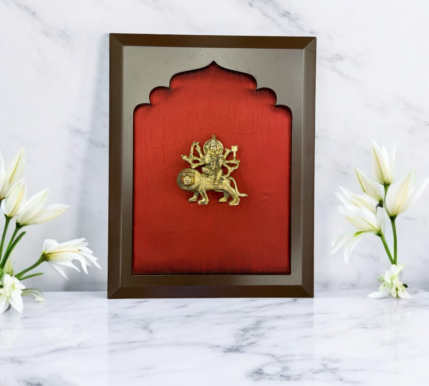 Brass Durga with Wine Red Silk in Wooden Frame