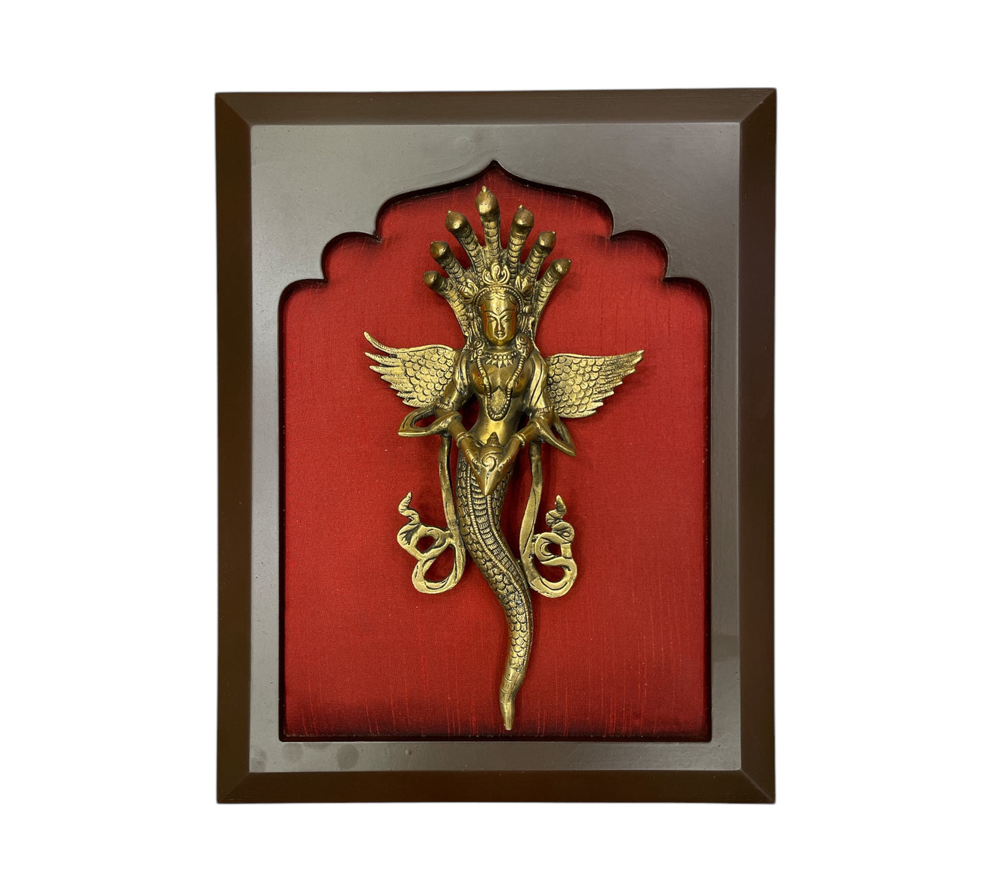 Brass Naga Kanya with Wine Red Silk in Wooden Frame