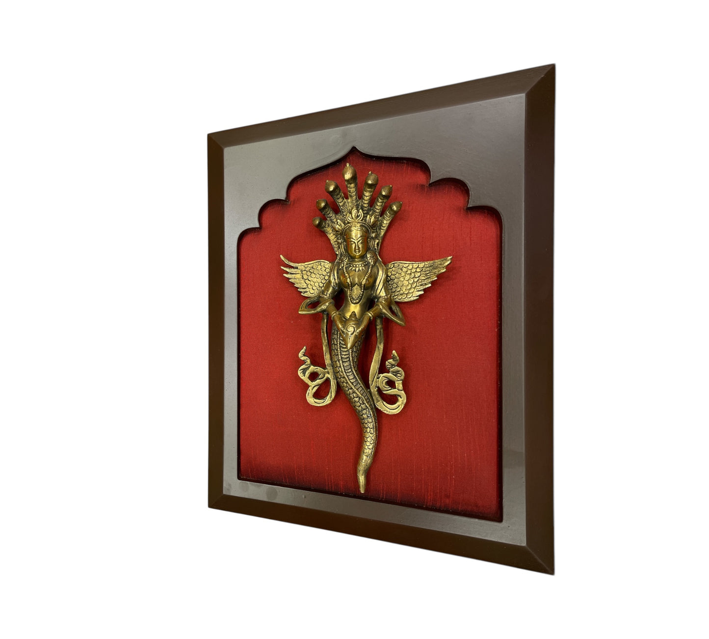 Brass Naga Kanya with Wine Red Silk in Wooden Frame
