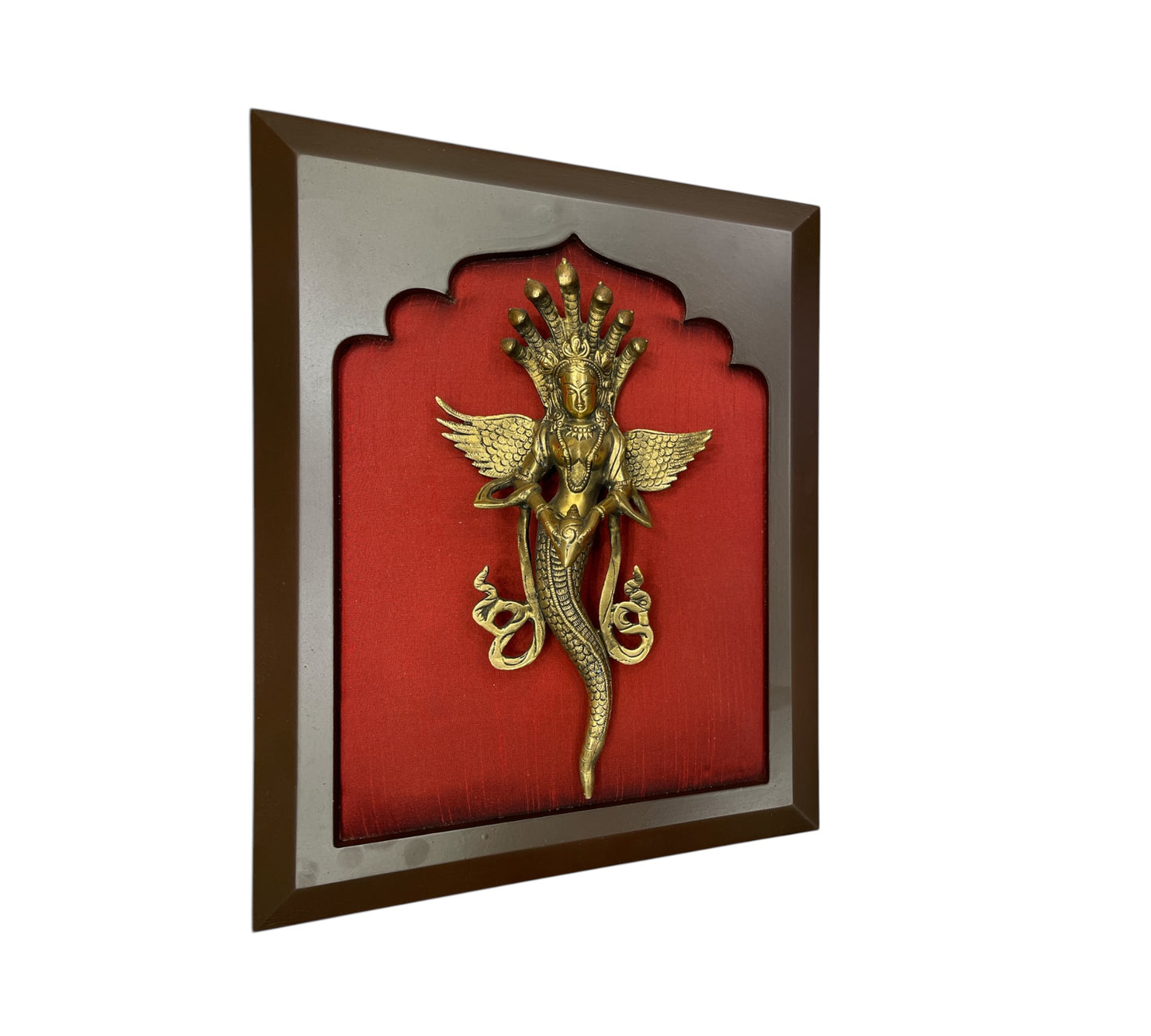 Brass Naga Kanya with Wine Red Silk in Wooden Frame