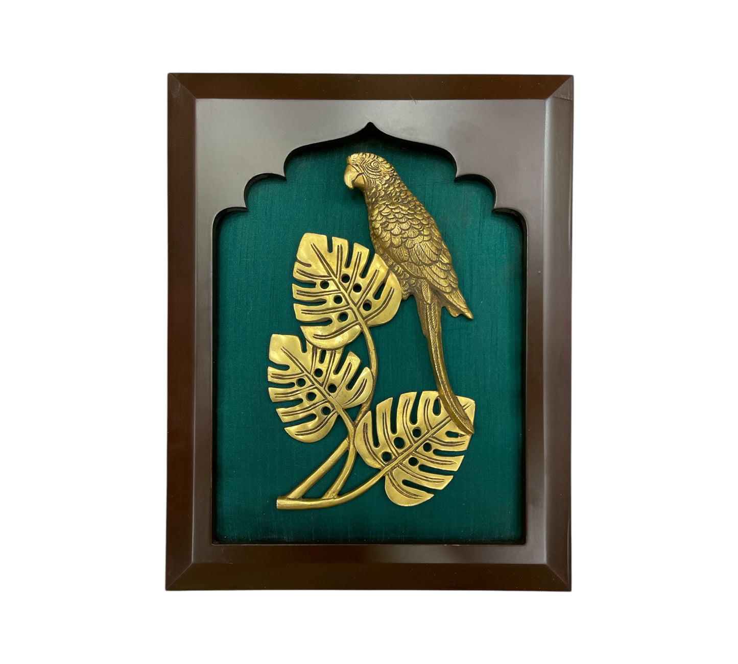 Brass Parrot with Rama Green Silk in Wooden Frame