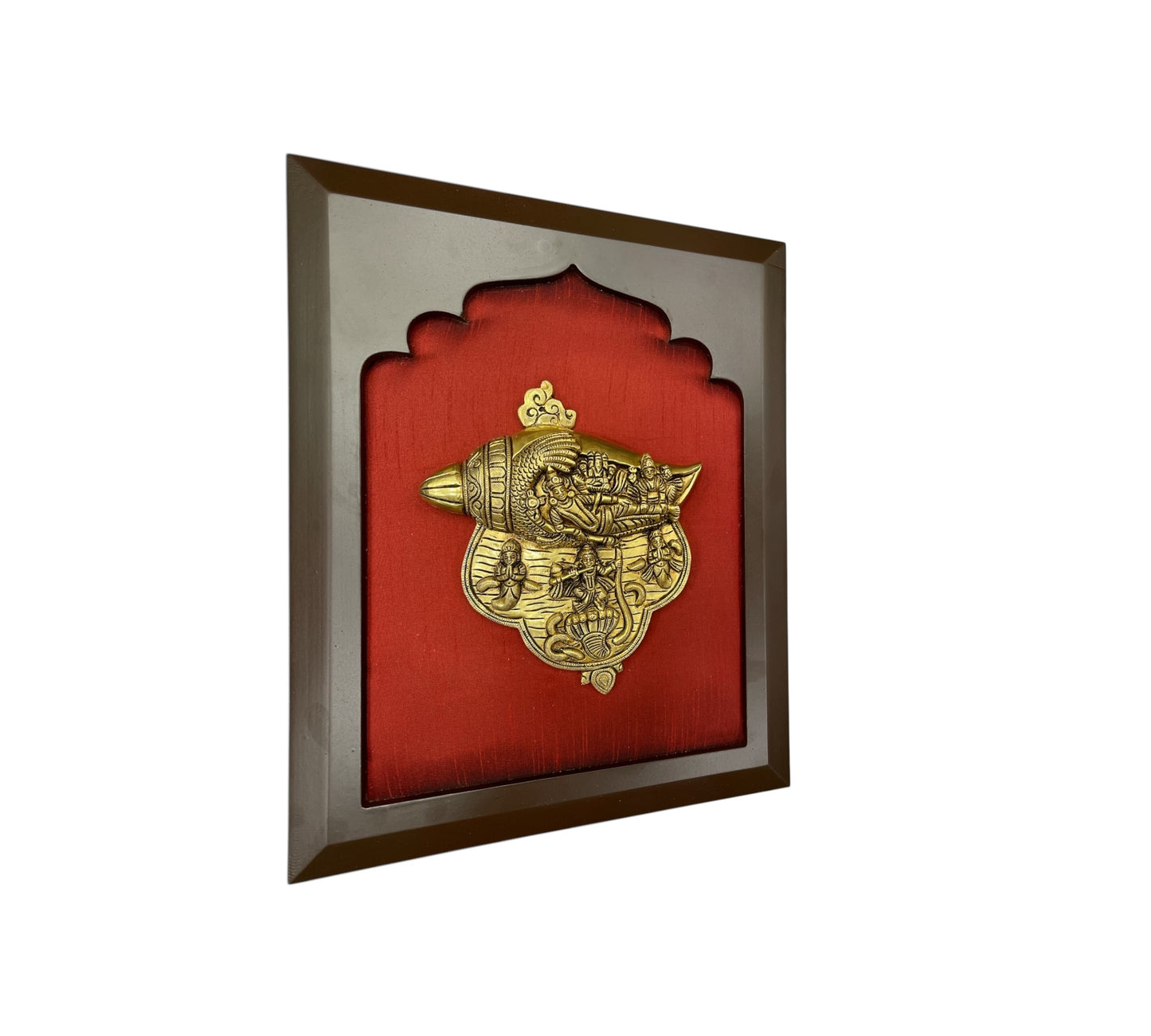 Brass Vishnu & Laxmi Conch in Wine Red Silk in Wooden Frame