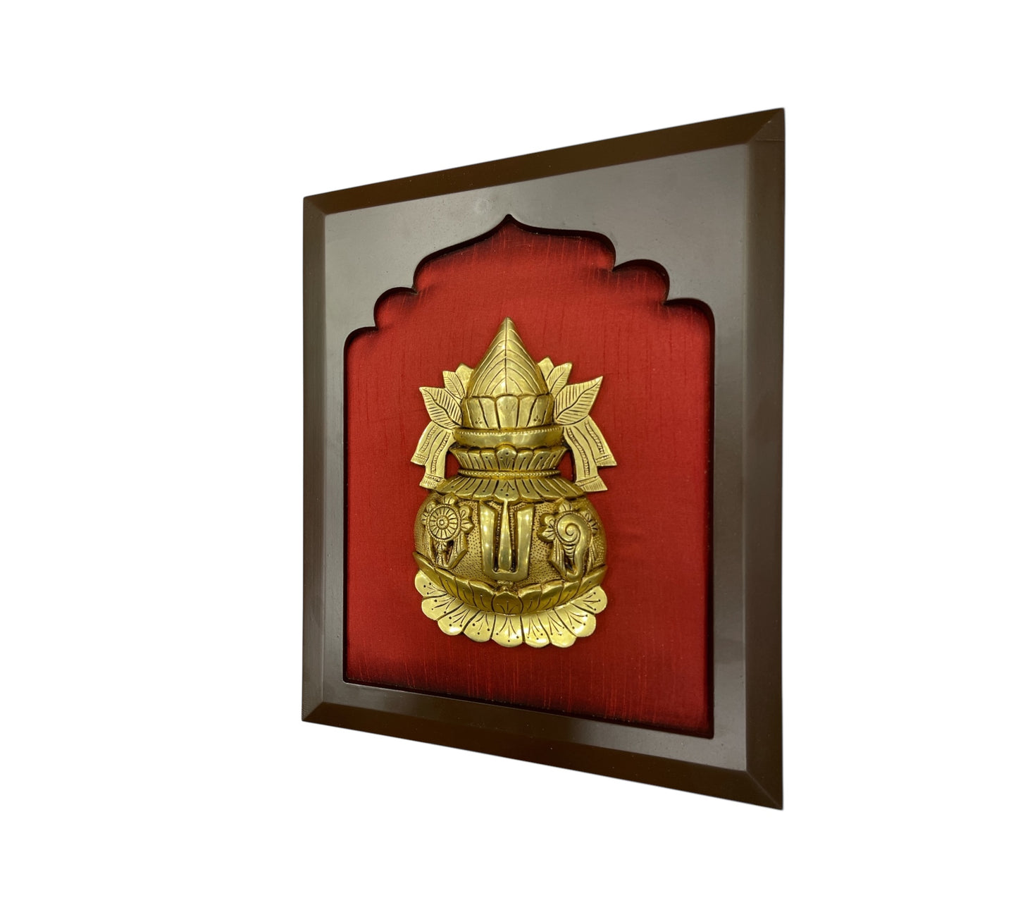 Brass Kalash with Wine Red Silk in wooden Frame