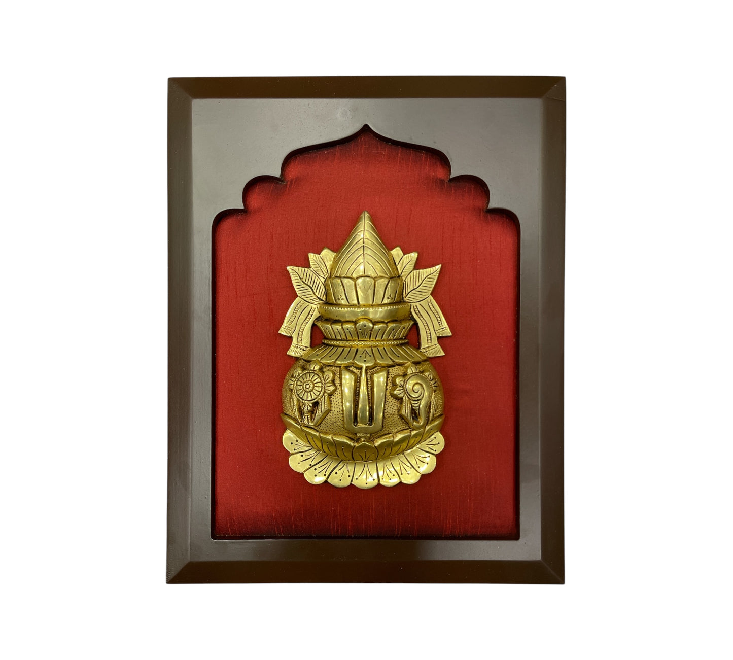 Brass Kalash with Wine Red Silk in wooden Frame