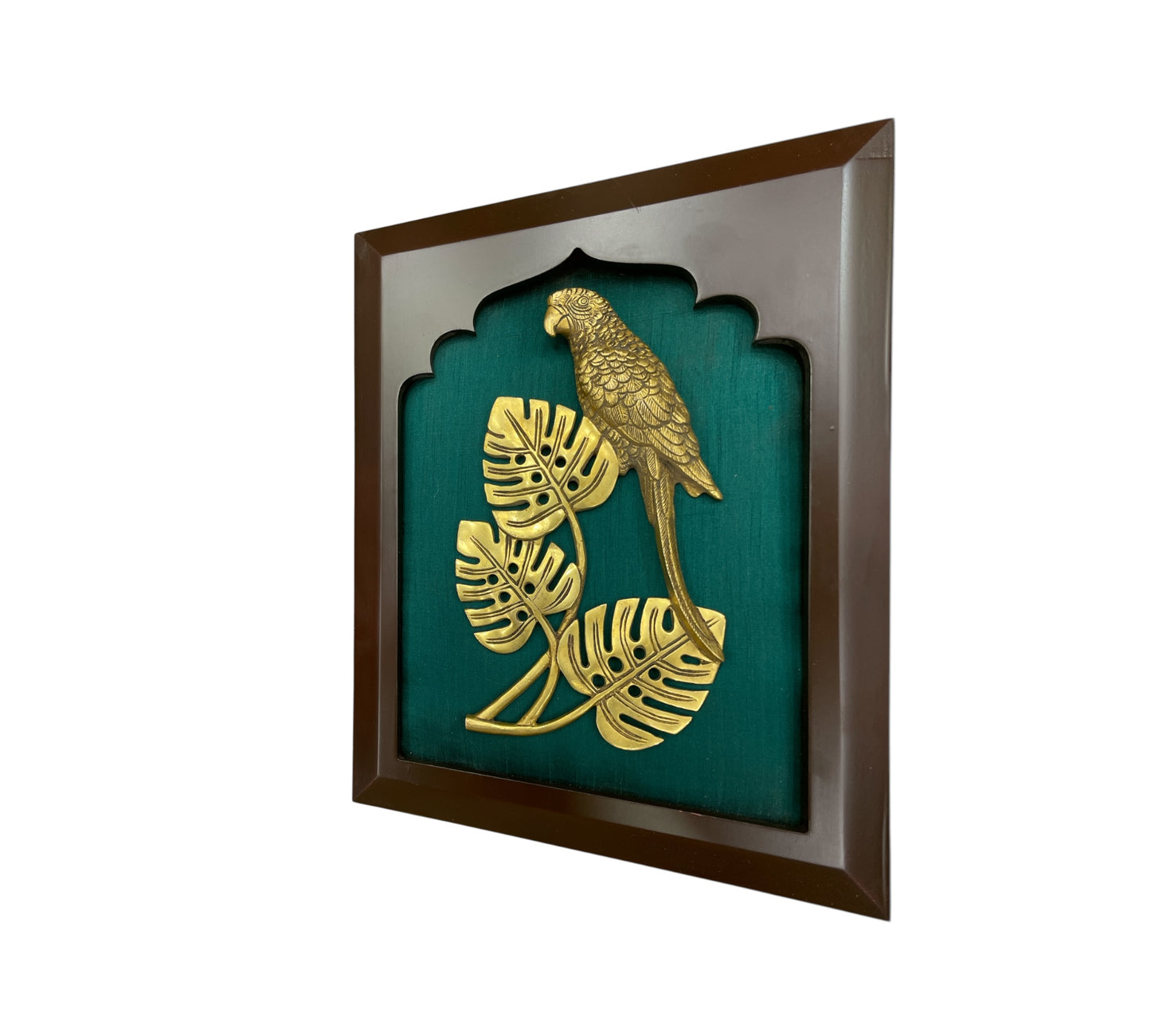 Brass Parrot with Rama Green Silk in Wooden Frame