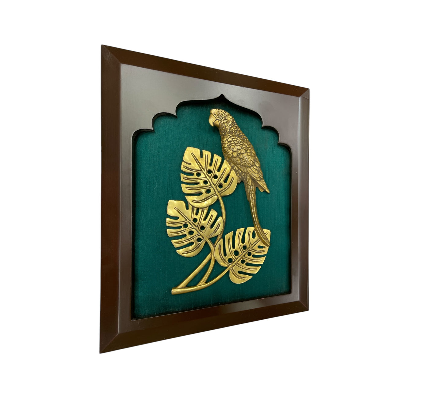 Brass Parrot with Rama Green Silk in Wooden Frame