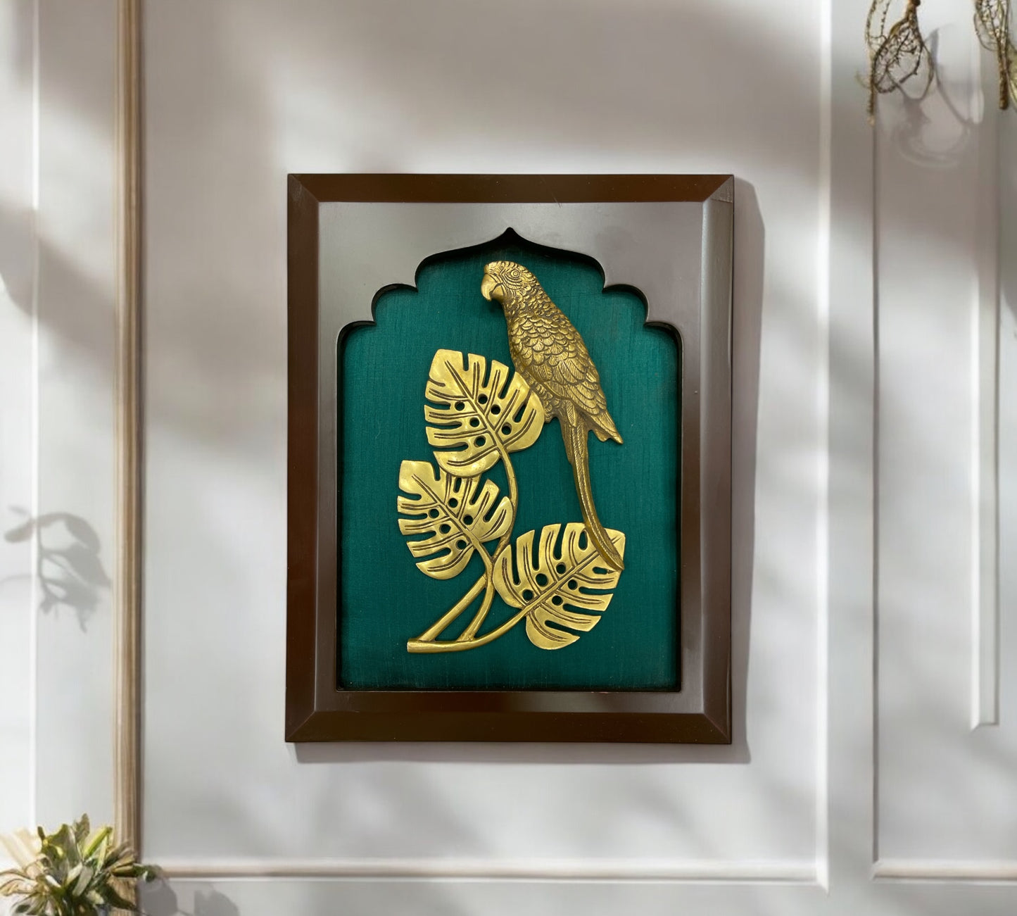Brass Parrot with Rama Green Silk in Wooden Frame