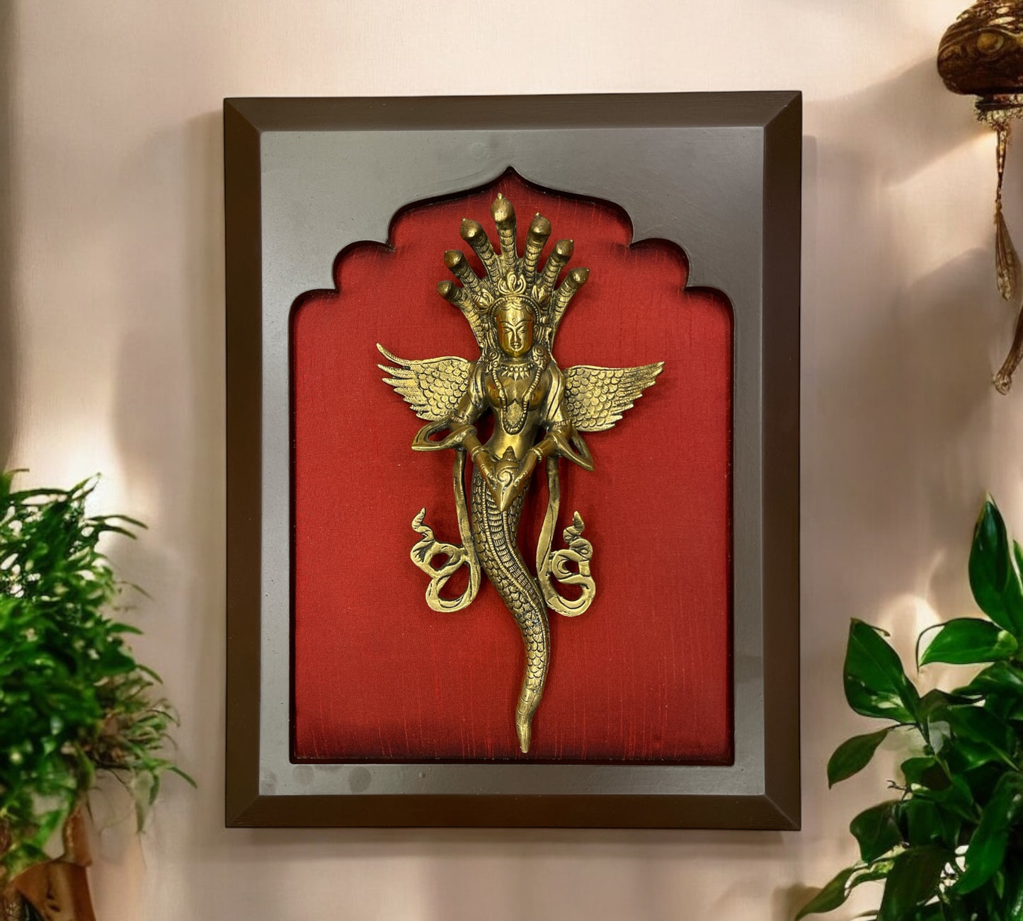 Brass Naga Kanya with Wine Red Silk in Wooden Frame