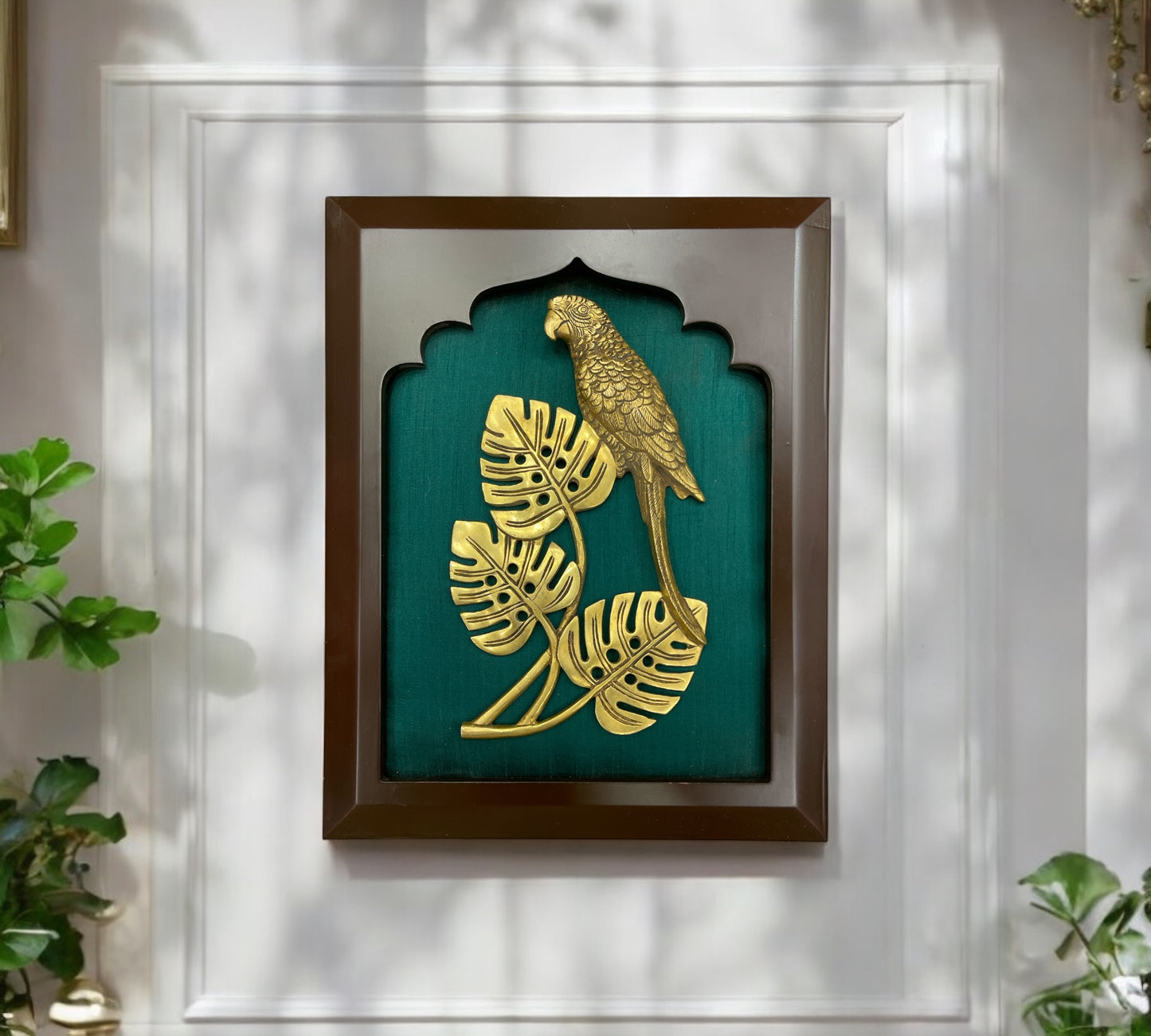 Brass Parrot with Rama Green Silk in Wooden Frame