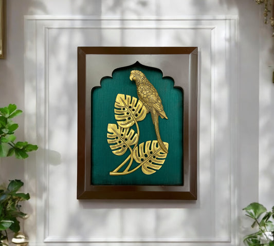 Brass Parrot with Rama Green Silk in Wooden Frame